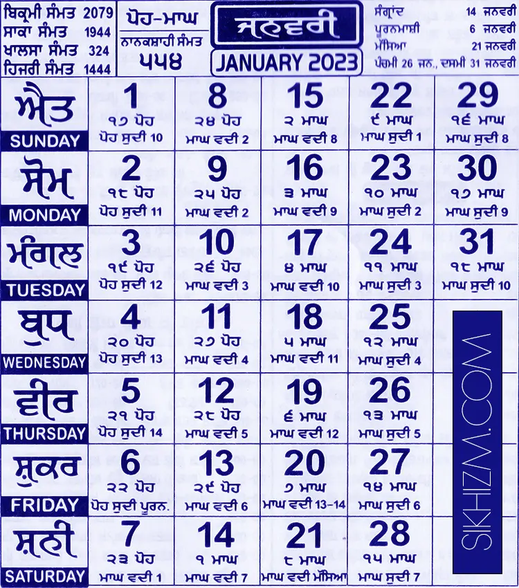January 2023 Nanakshahi Sikh Hindu Calendar