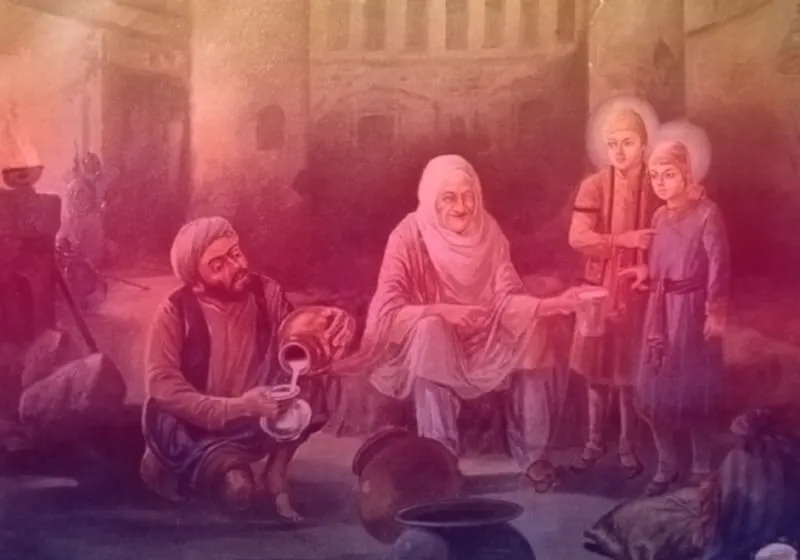 Moti Ram Mehra Serving Milk to Mata Gujri and Younger Sahibzadas