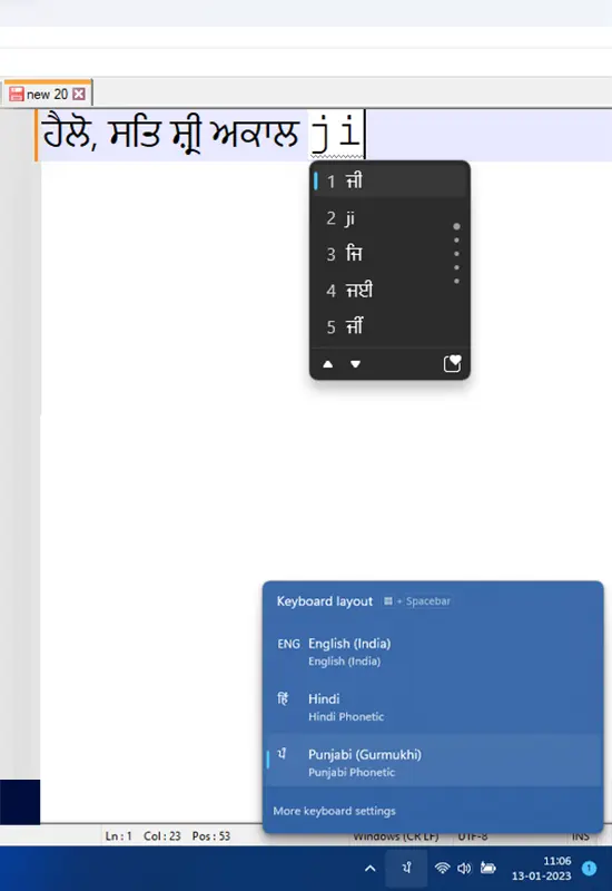 Google Input Tool - English to Punjabi