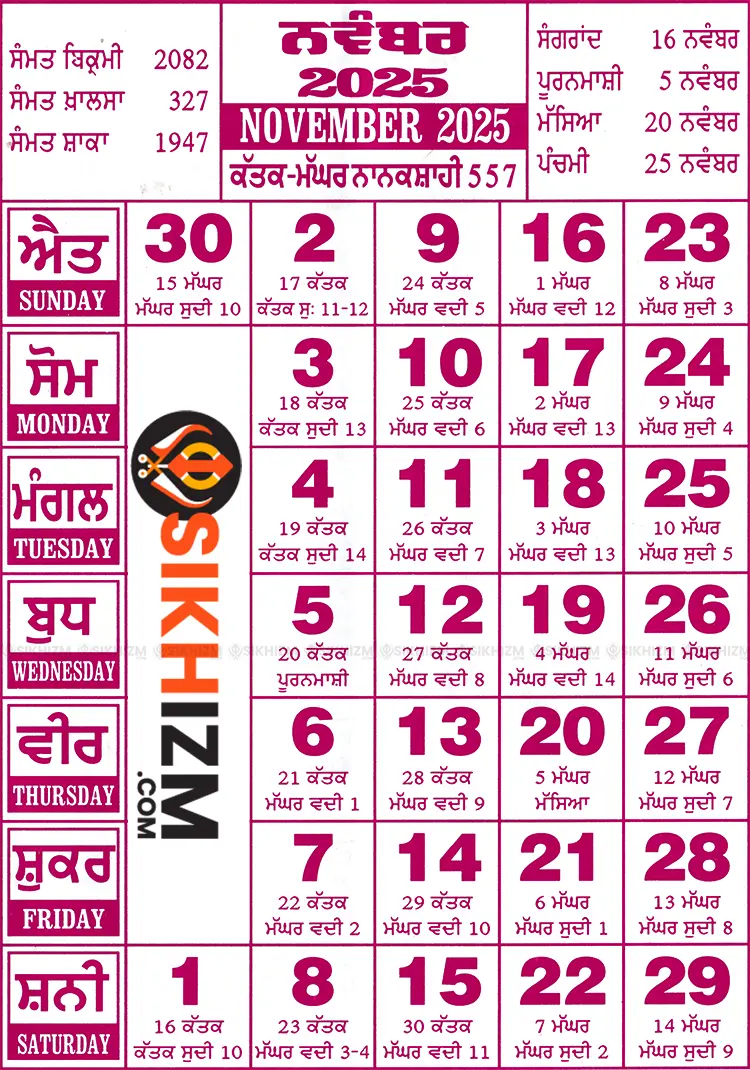 November-2025 November 2025 Sikh Events Nanakshahi Calendar (Katak-Maghar)