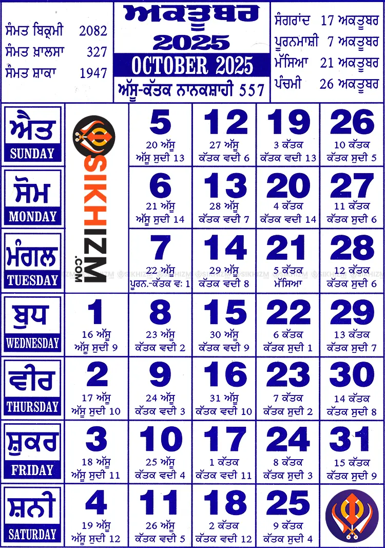 October-2025 October 2025 Sikh Events Nanakshahi Calendar (Assu-Katak)