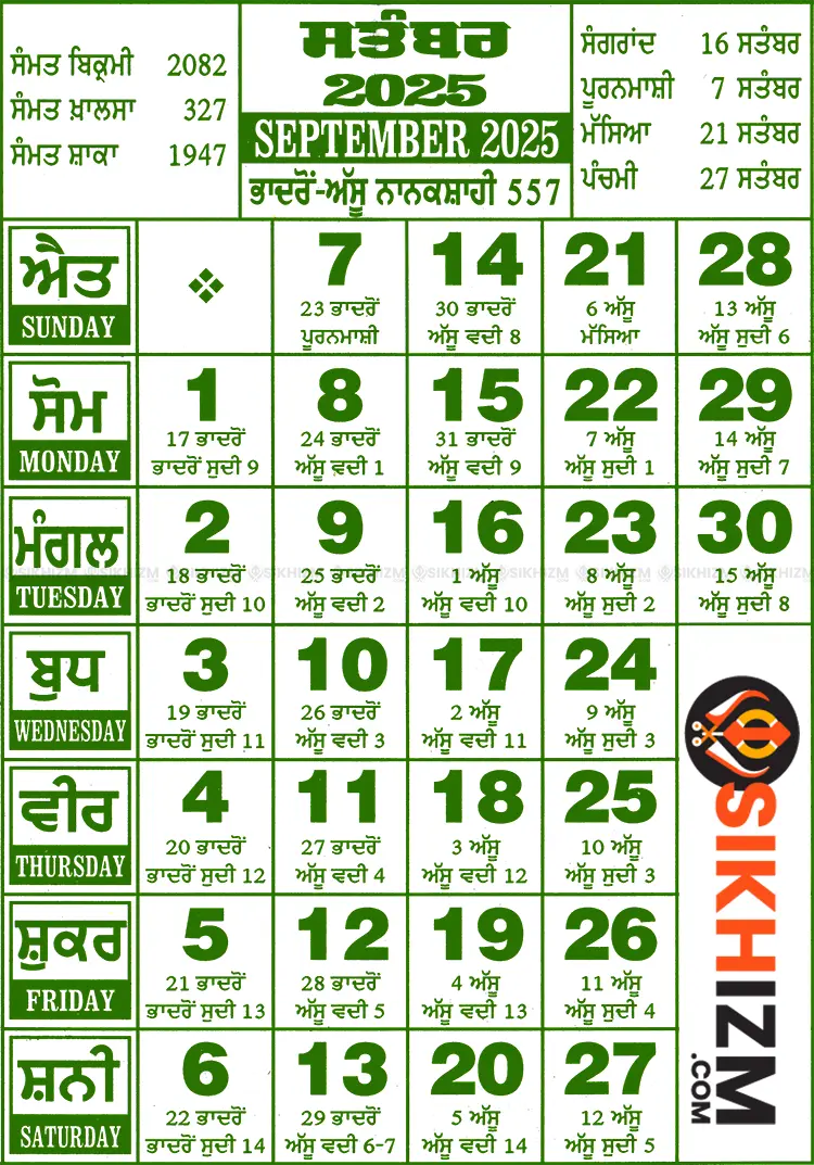 September-2025 September 2025 Sikh Events Nanakshahi Calendar (Bhadon-Assu)