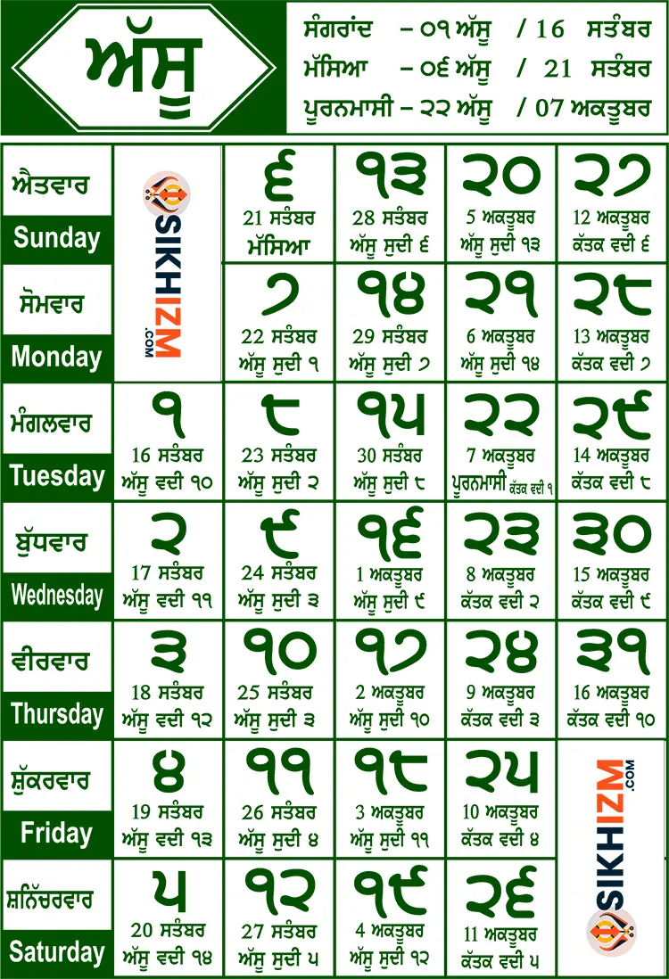 Assu Mahina | Nanakshahi 557 | Desi Calendar 2025