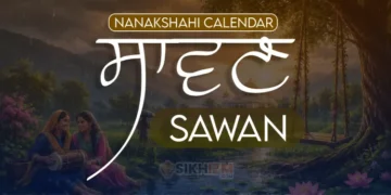 Calendar for the month of Sawan 2026, showing Sangrand, Puranmashi, and Masya dates in the Nanakshahi Calendar.