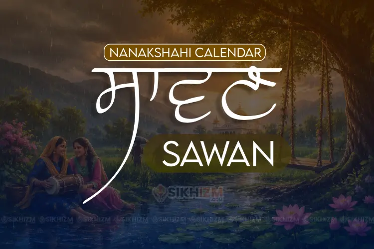 Calendar for the month of Sawan 2026, showing Sangrand, Puranmashi, and Masya dates in the Nanakshahi Calendar.