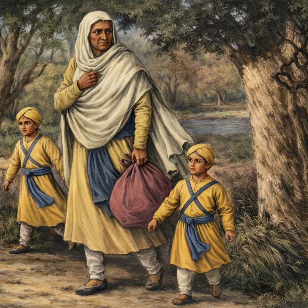 Mata Gujri Ji and Chhote Sahibzade Walking through Forest