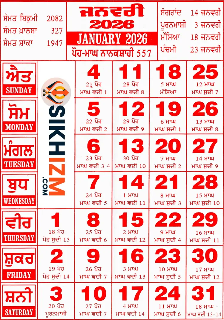 January 2026 Nanakshahi Calendar