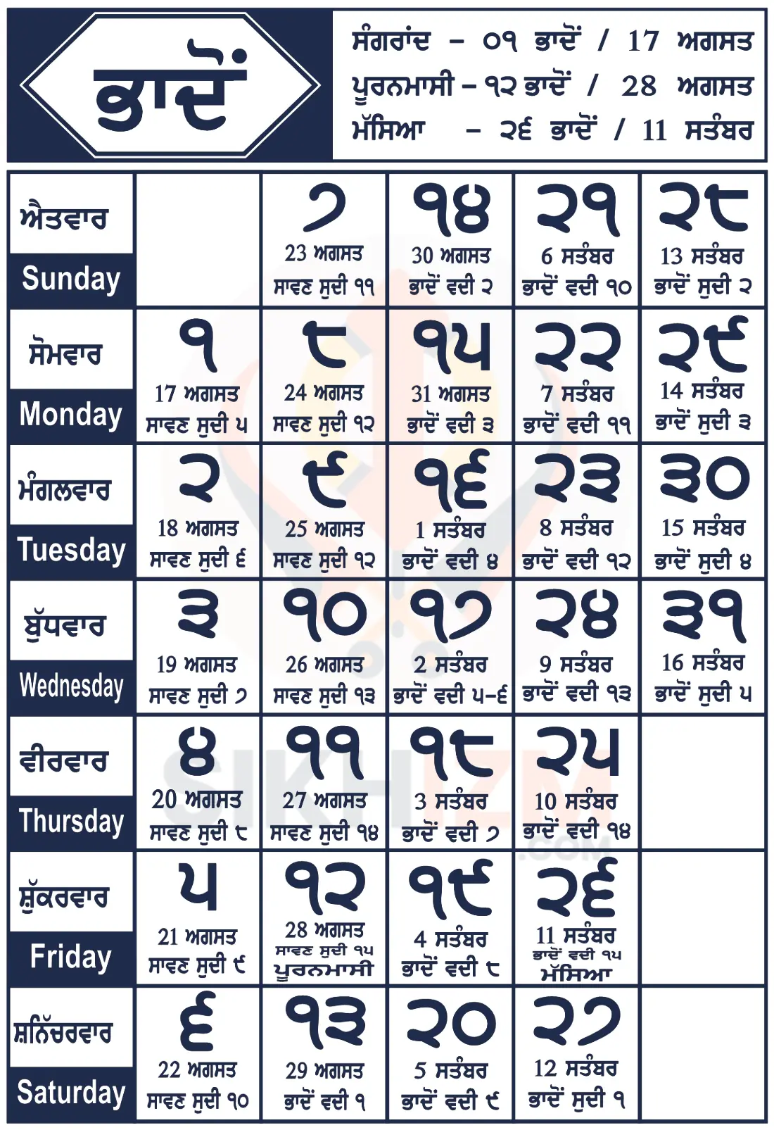 Bhadon Mahina 2026 Nanakshahi Calendar dates and Gurpurabs list