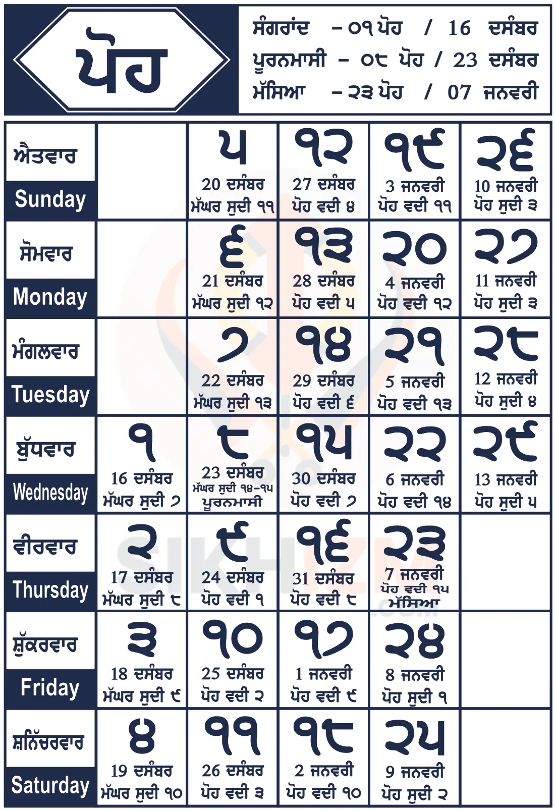 Poh month calendar for Nanakshahi Samvat 558, December 2026 to January 2027