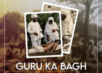Sikh volunteers walking peacefully toward Gurdwara Guru Ka Bagh during the 1922 non-violent morcha